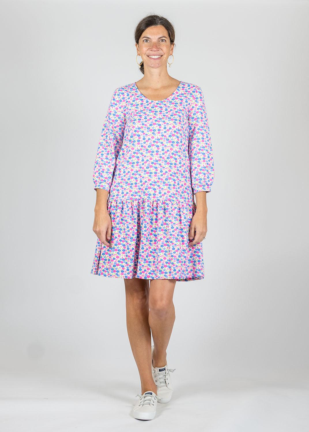 Bridget Dress Field of Dahlias Blue Pink XS