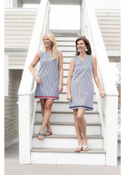 Lucille Sleeveless Dress - Blue Pinstripe with Navy Ric Rac-2