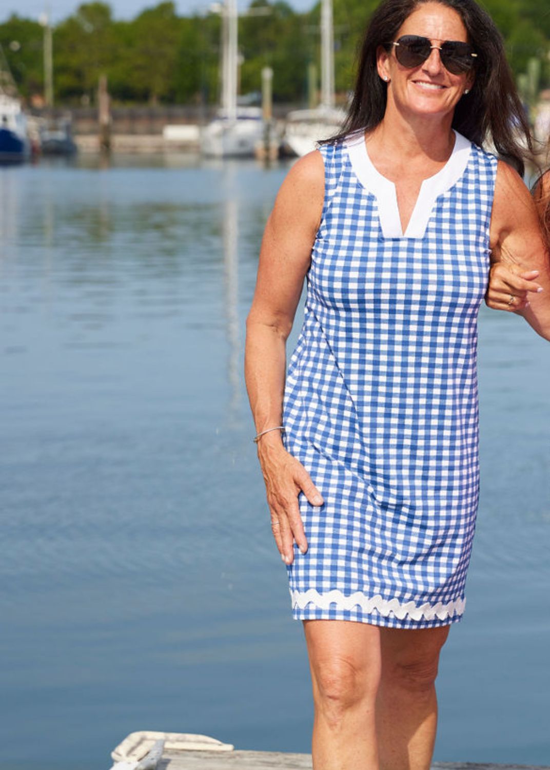 Lucille Sleeveless Dress - Navy Gingham with White Ric Rac
