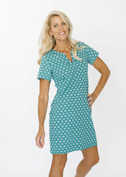 Lucille Short Sleeve Dress - Flower Links Navy/Green