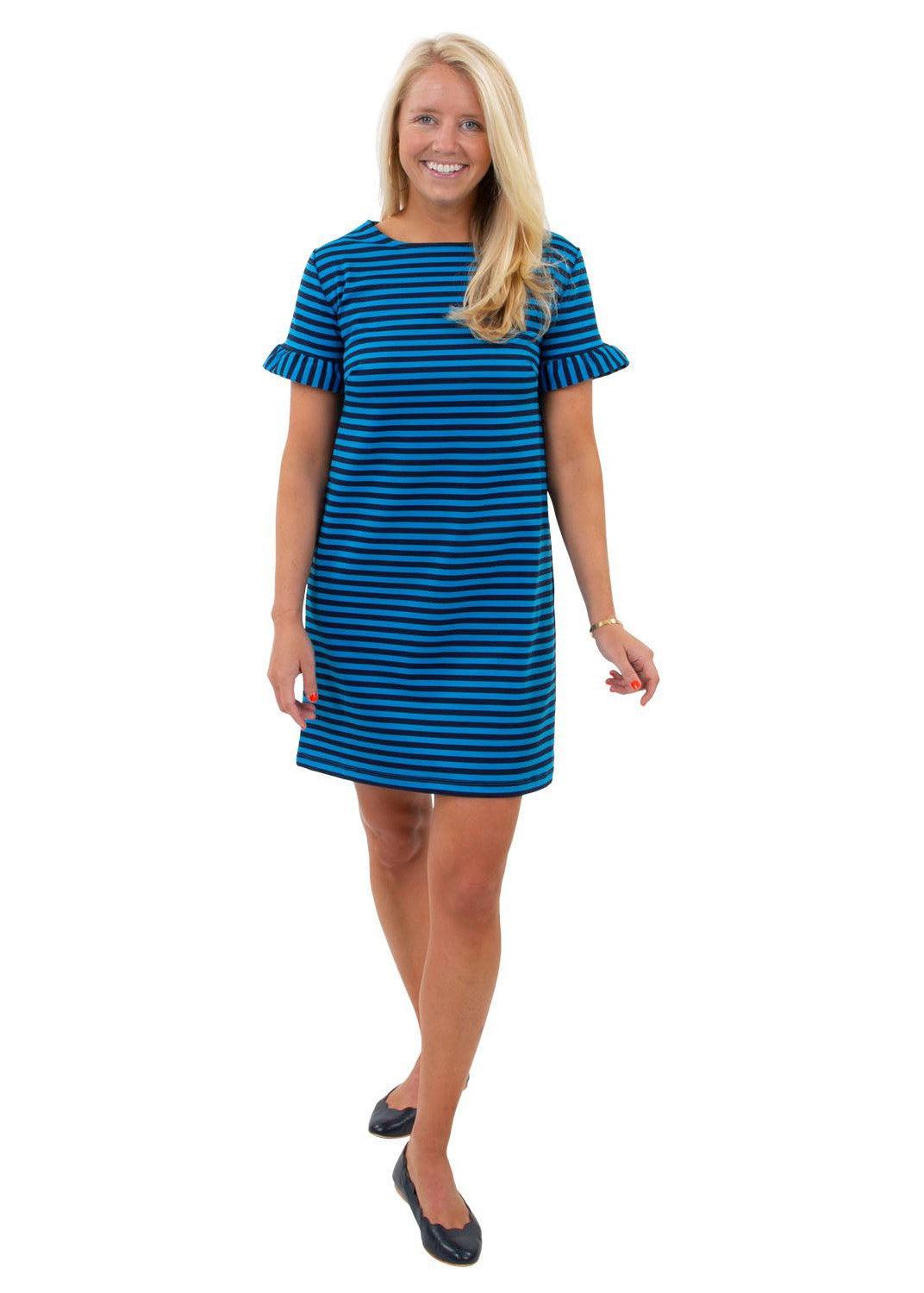 Coco Dress - Double Knit Ponte Stripes - Navy/Azure Blue FINAL SALE