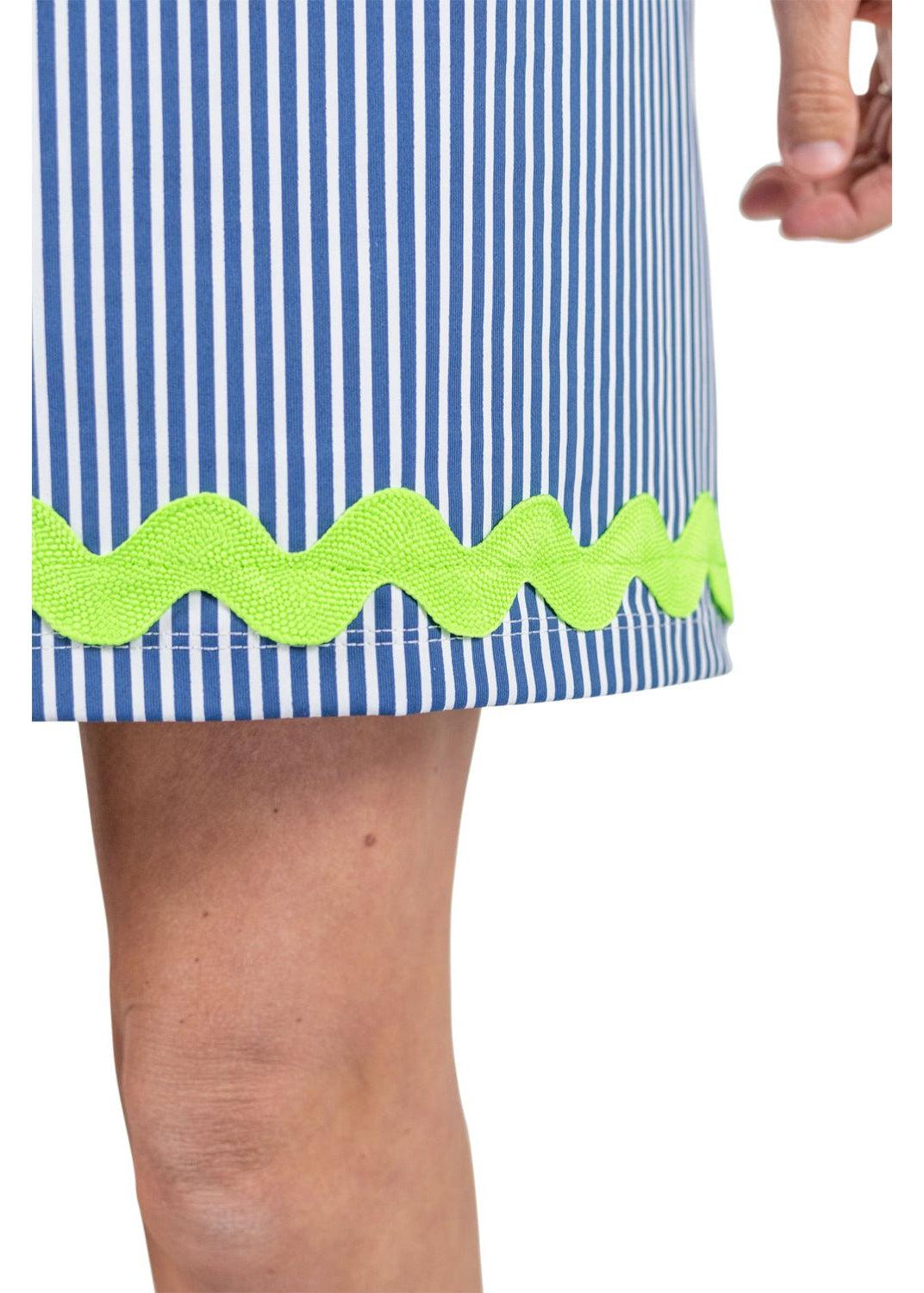 Lucille Sleeveless Dress - Blue Pinstripe with Lime Ric Rac