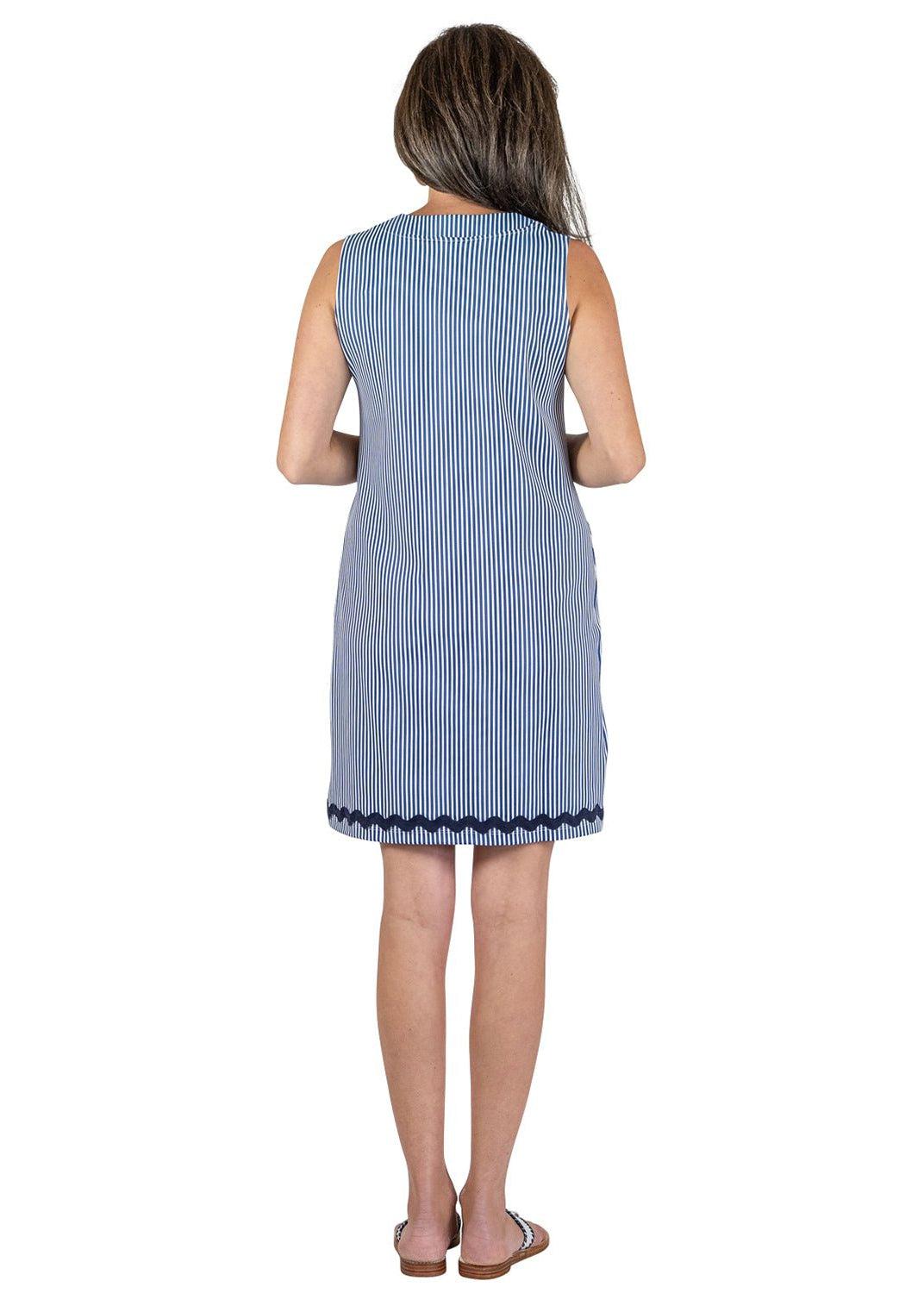 Lucille Sleeveless Dress - Blue Pinstripe with Navy Ric Rac