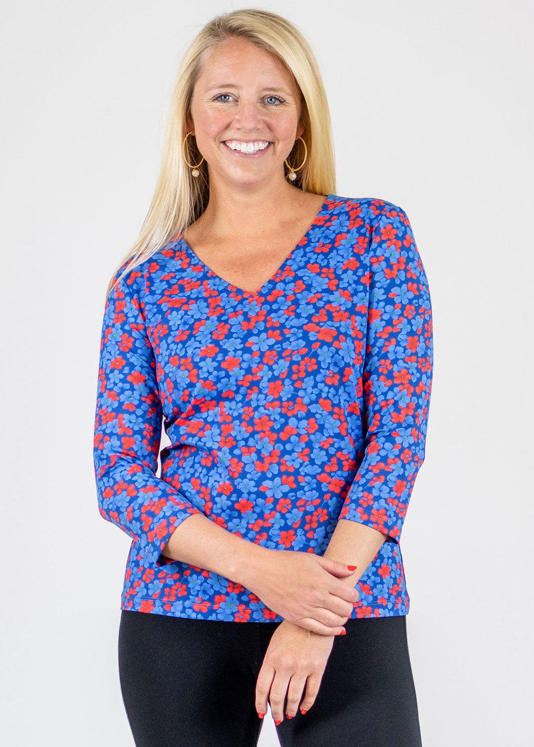 Blue & Red Crew V Tee 3/4 Sleeve Top in a Floral Print